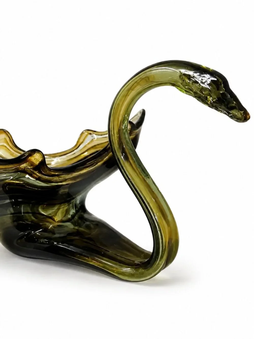 Vintage Smoky Amber Art Glass Swan Dish Decorative Bowl